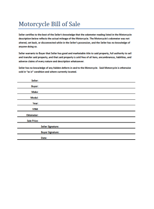 motorcycle bill of sale as is